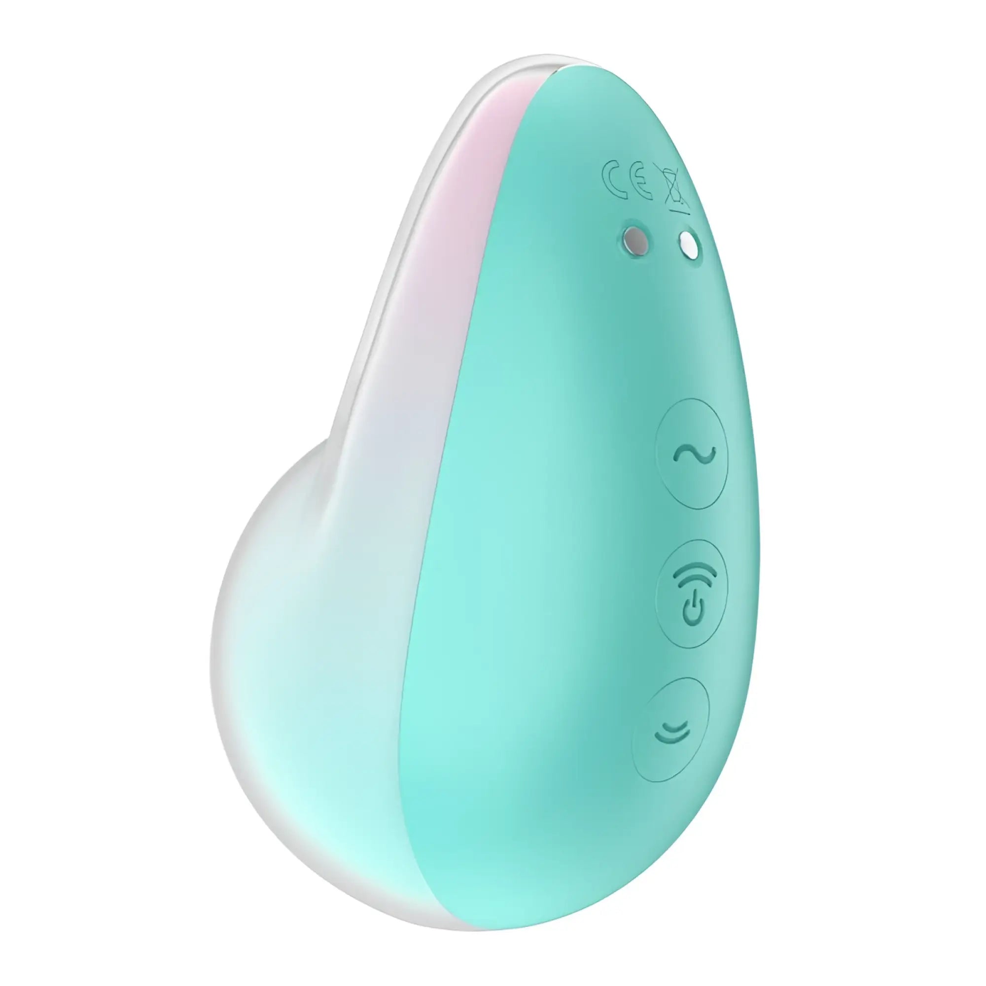 Satisfyer Pixie dust mint pink personal pleasure device in teal and pink silicone with three circular control buttons