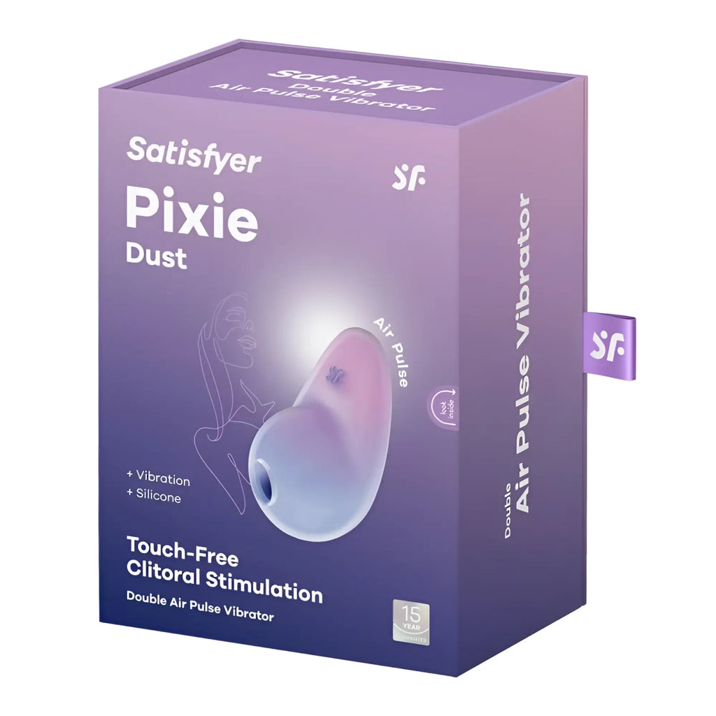 Purple and pink gradient silicone satisfyer pixie dust double air pulse vibrator in branded packaging