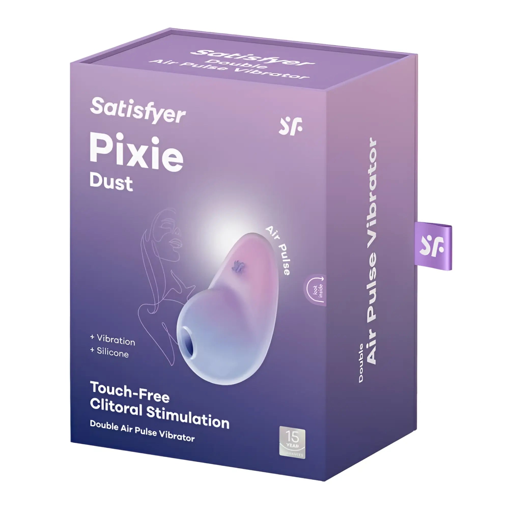 Purple and pink gradient silicone satisfyer pixie dust double air pulse vibrator in branded packaging