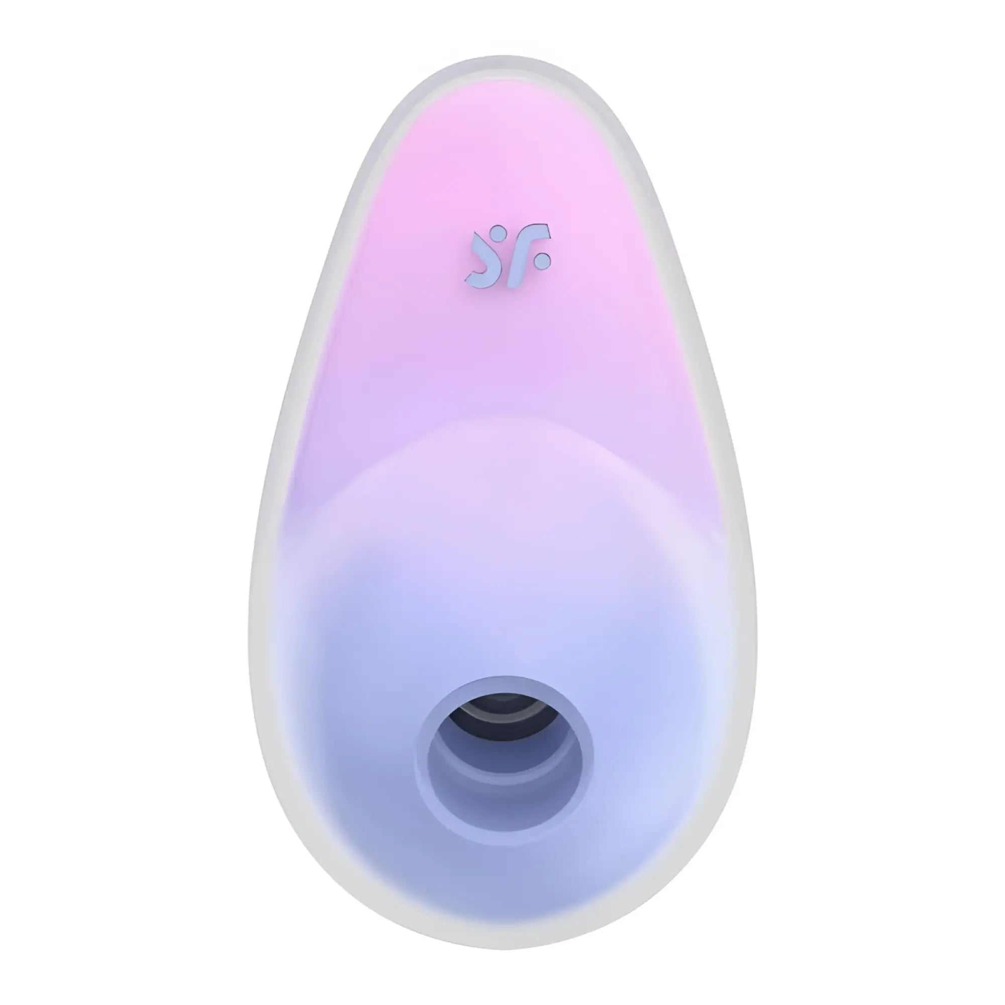 Satisfyer pixie dust silicone device with soft pink to purple gradient glow and sf logo embossed on smooth surface