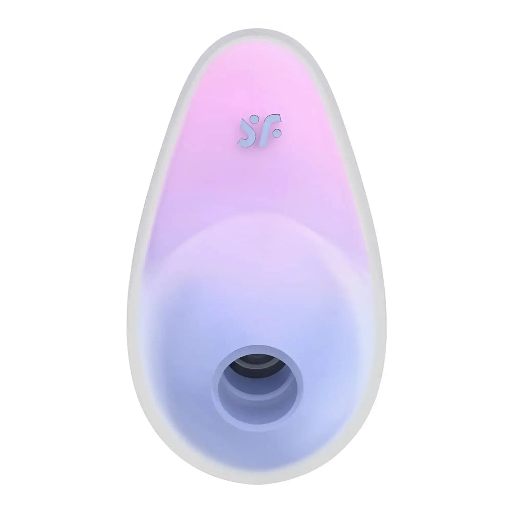 Satisfyer pixie dust silicone device with soft pink to purple gradient glow and sf logo embossed on smooth surface