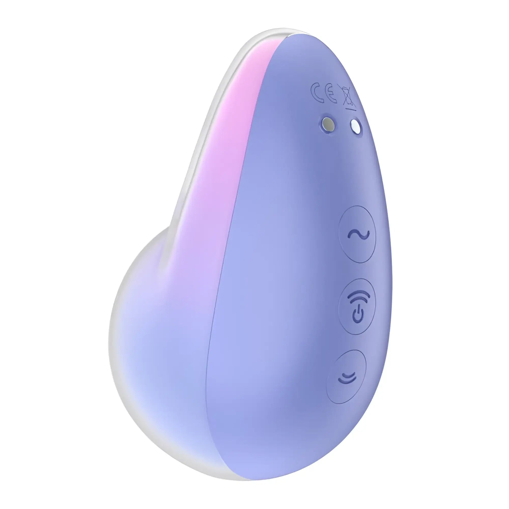 A sleek lavender silicone pleasure device with glowing pink purple led strip and three mode control buttons by Satisfyer