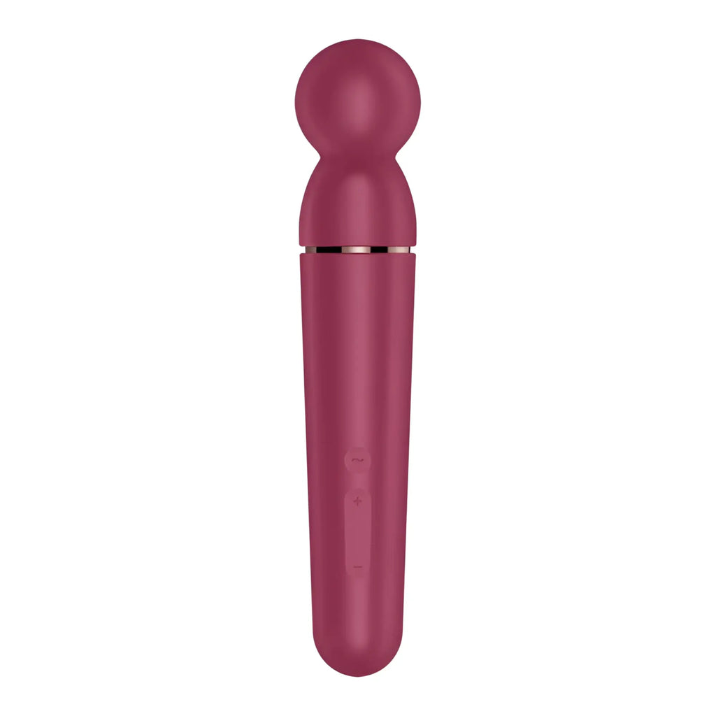 A sleek matte burgundy satisfyer planet wand-er berry adult toy with a rounded head and smooth cylindrical body