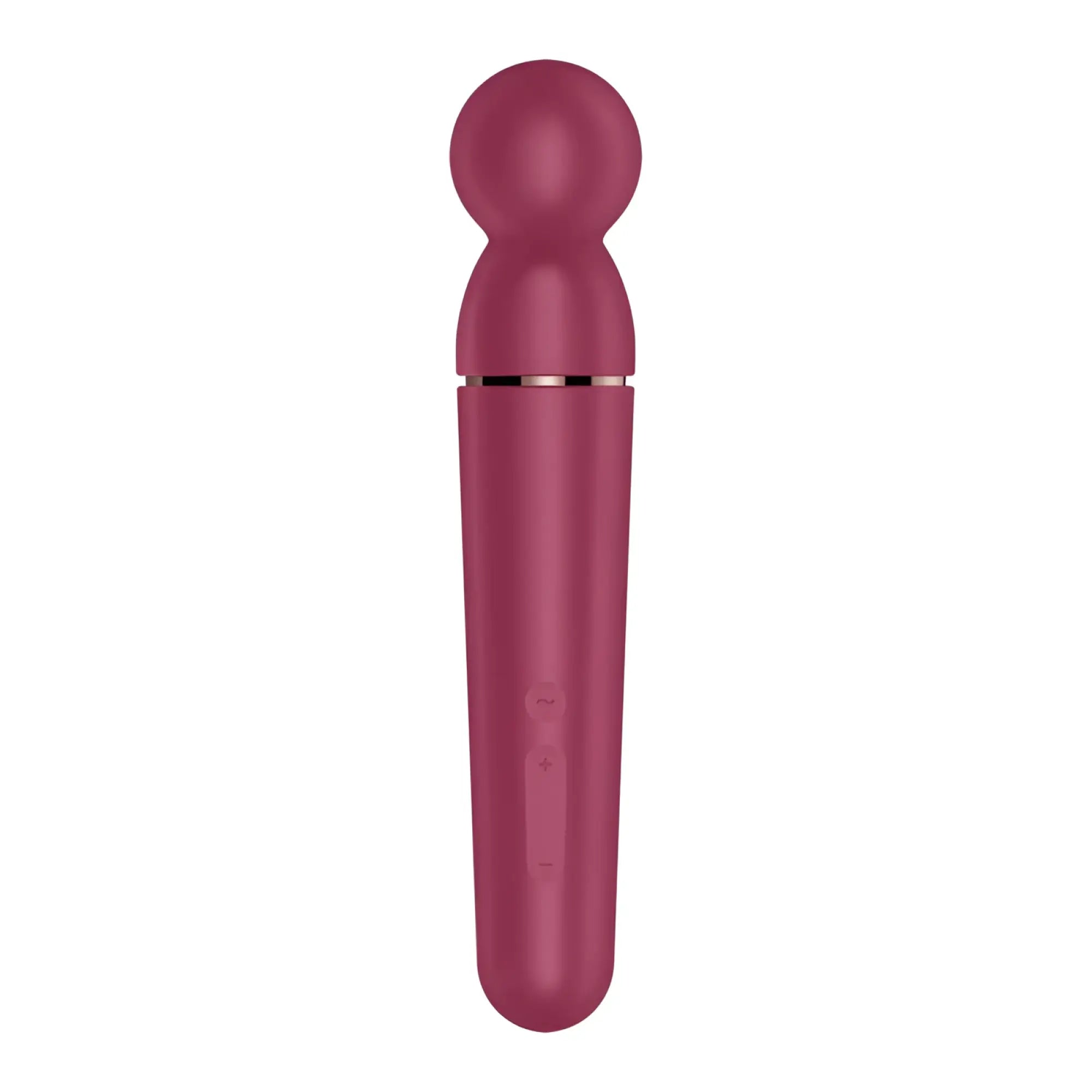 A sleek matte burgundy satisfyer planet wand-er berry adult toy with a rounded head and smooth cylindrical body
