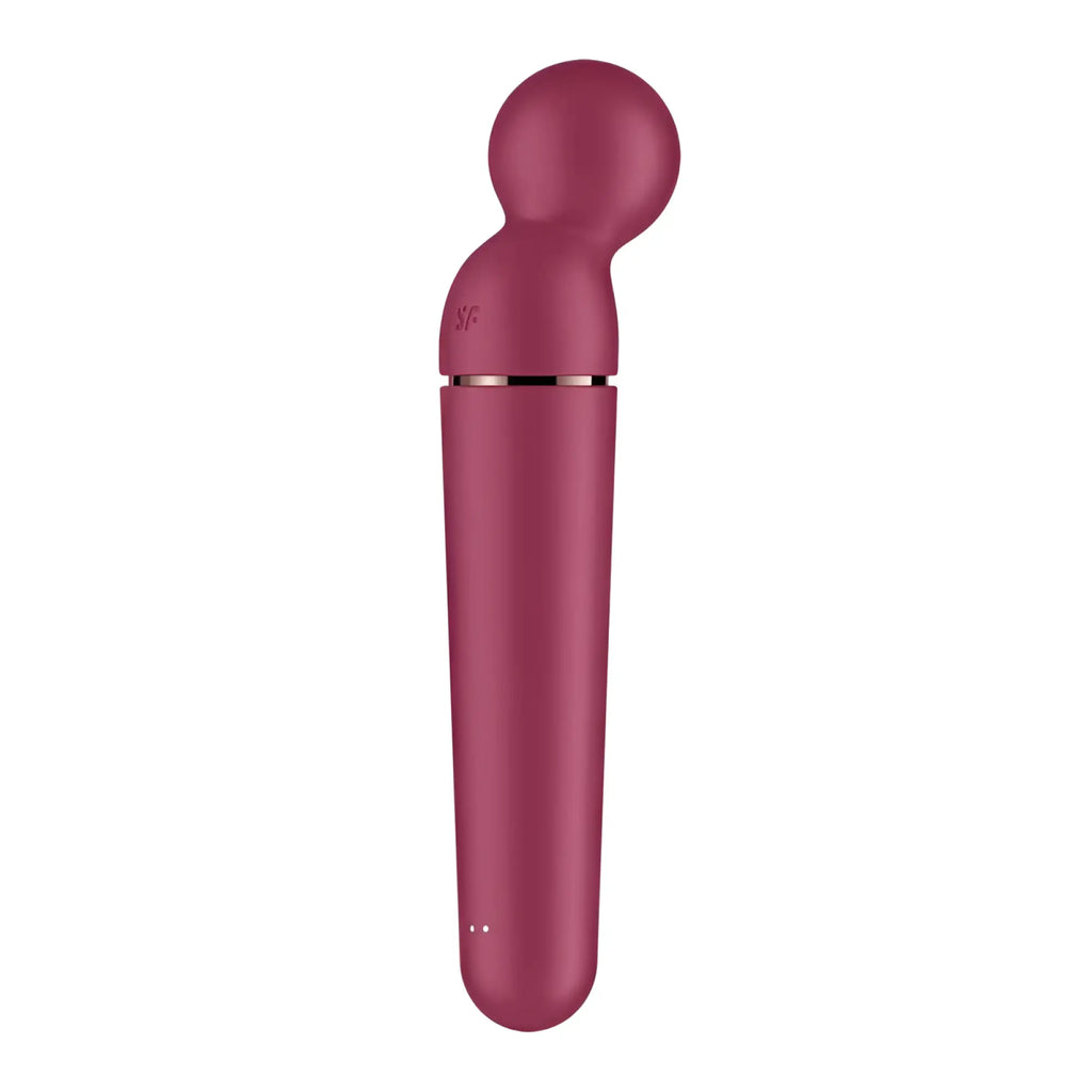A sleek matte burgundy Satisfyer Planet wand-er Berry adult toy with rounded head and slender body for intimate use