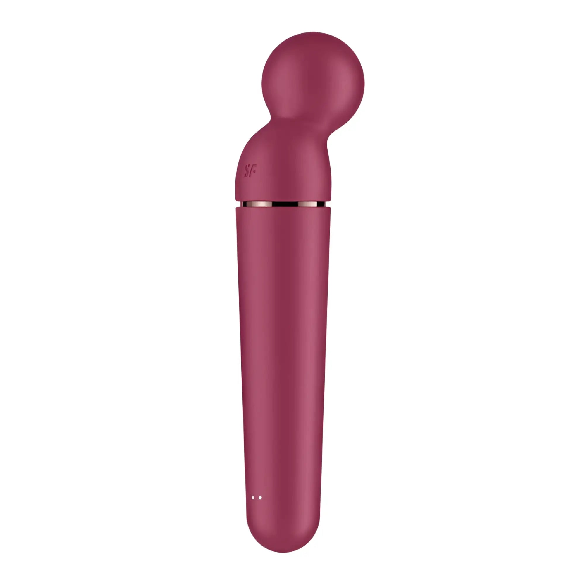 A sleek matte burgundy Satisfyer Planet wand-er Berry adult toy with rounded head and slender body for intimate use