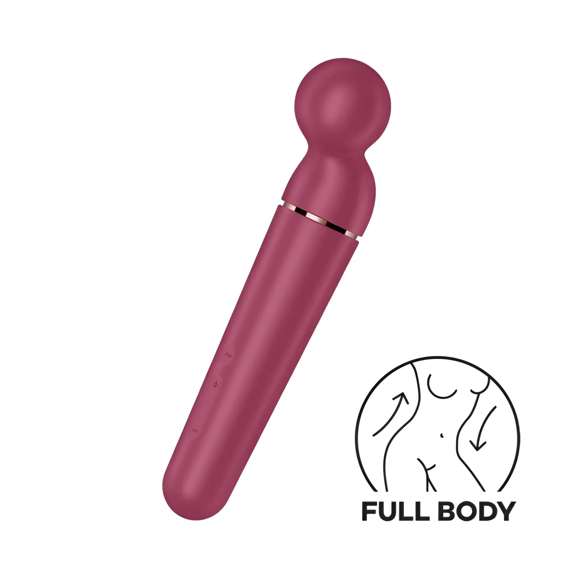 Satisfyer planet wand-er berry adult toy with sleek matte rose-pink cylindrical body and thin metallic band