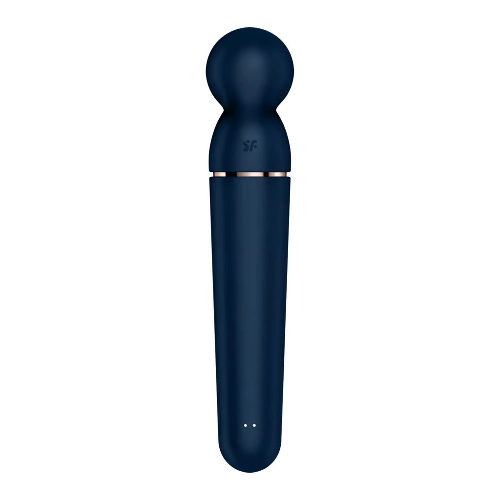 Dark blue silicone satisfyer planet wand-er black with rose gold accent band and sf logo for personal massage