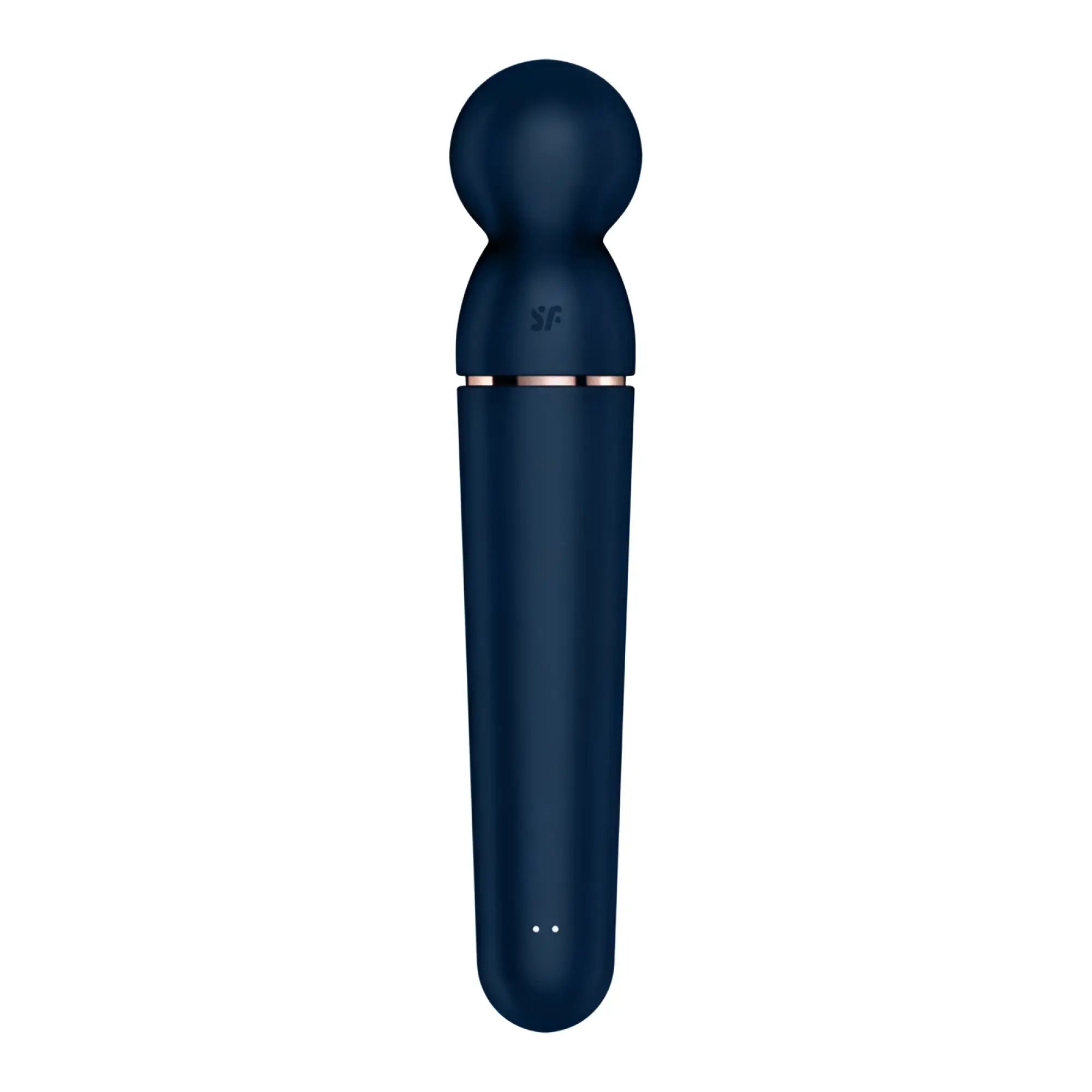 Dark blue silicone satisfyer planet wand-er black with rose gold accent band and sf logo for personal massage