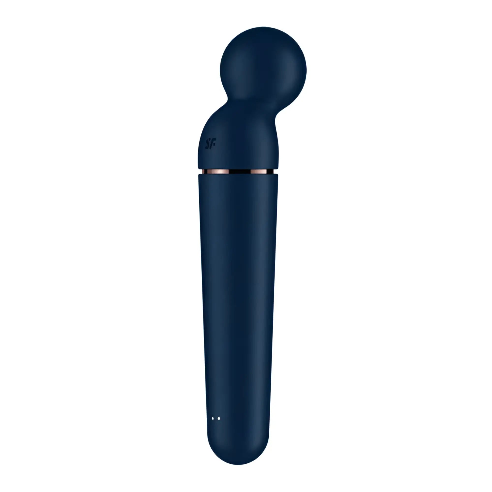 Satisfyer planet wand-er black with a deep navy blue sleek curved body and rose gold accent band with rounded head