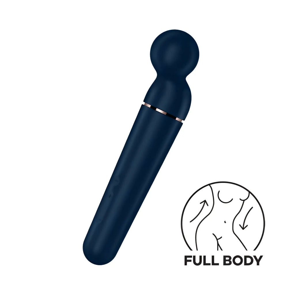 Navy blue silicone Satisfyer Planet Wand-er Black body massager with metallic accent band for targeted massage