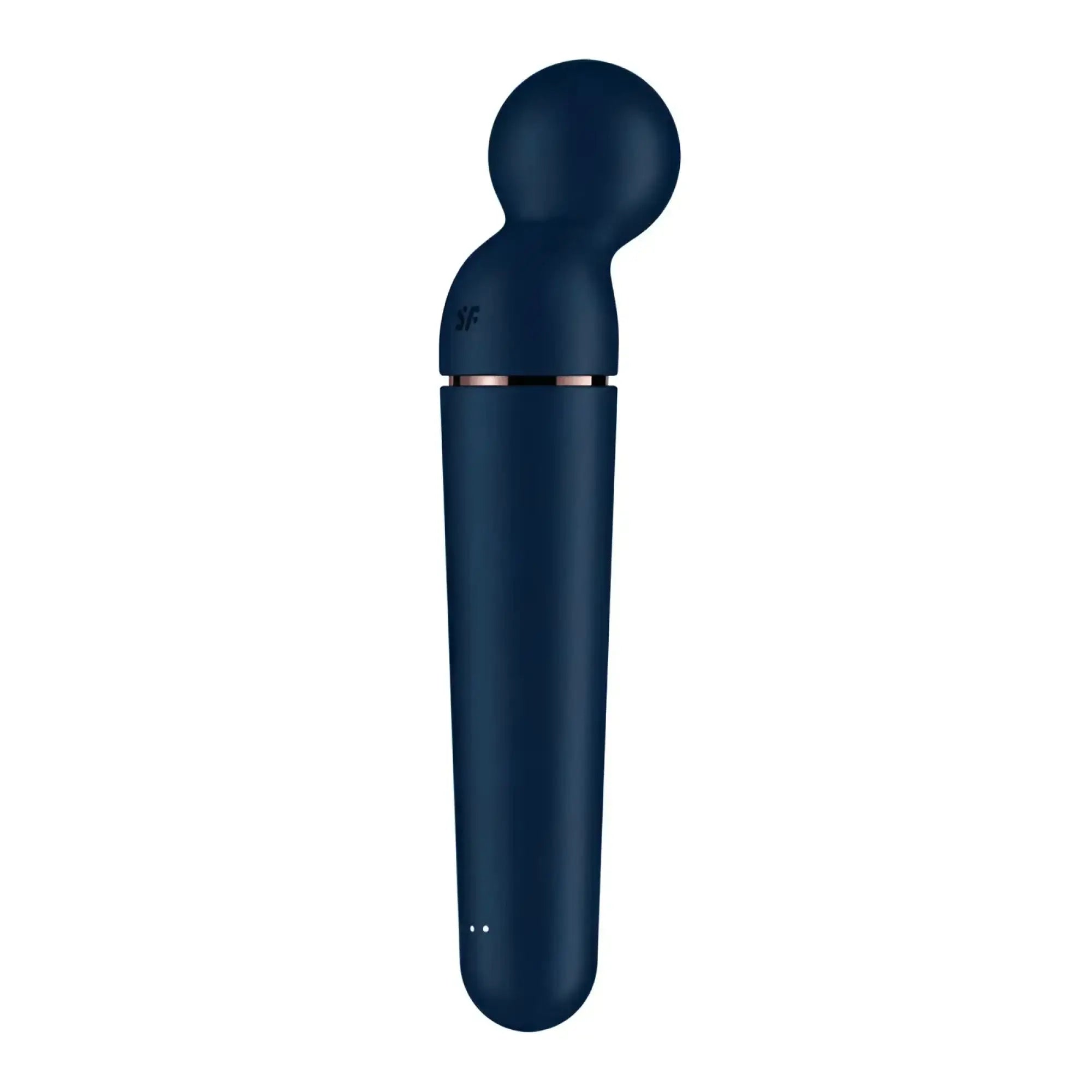 Satisfyer planet wand-er black with a deep navy blue sleek curved body and rose gold accent band with rounded head