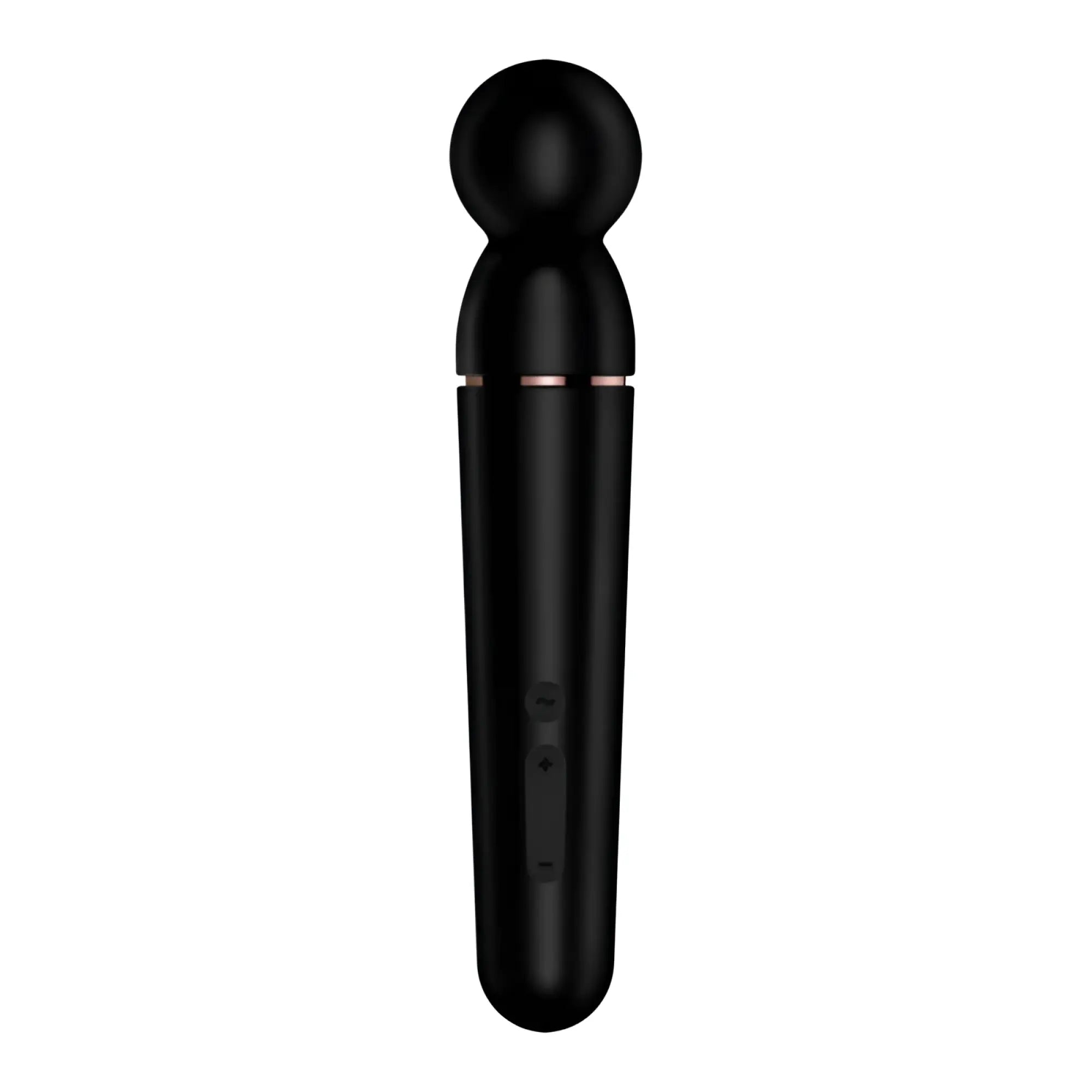 Black silicone wand with rose gold accent band and control buttons from the satisfyer planet wand-er black