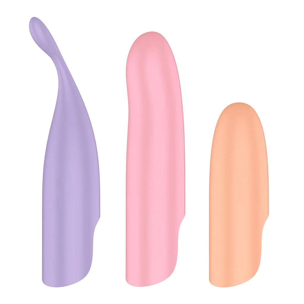 Set of three pastel-colored silicone vibrators in lavender pink and peach by Satisfyer Playful Four collection