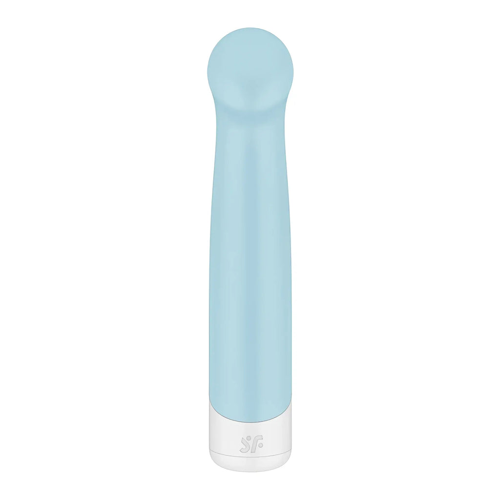 A sleek light blue silicone vibrator with rounded head and white base featuring sf logo by Satisfyer Playful Four