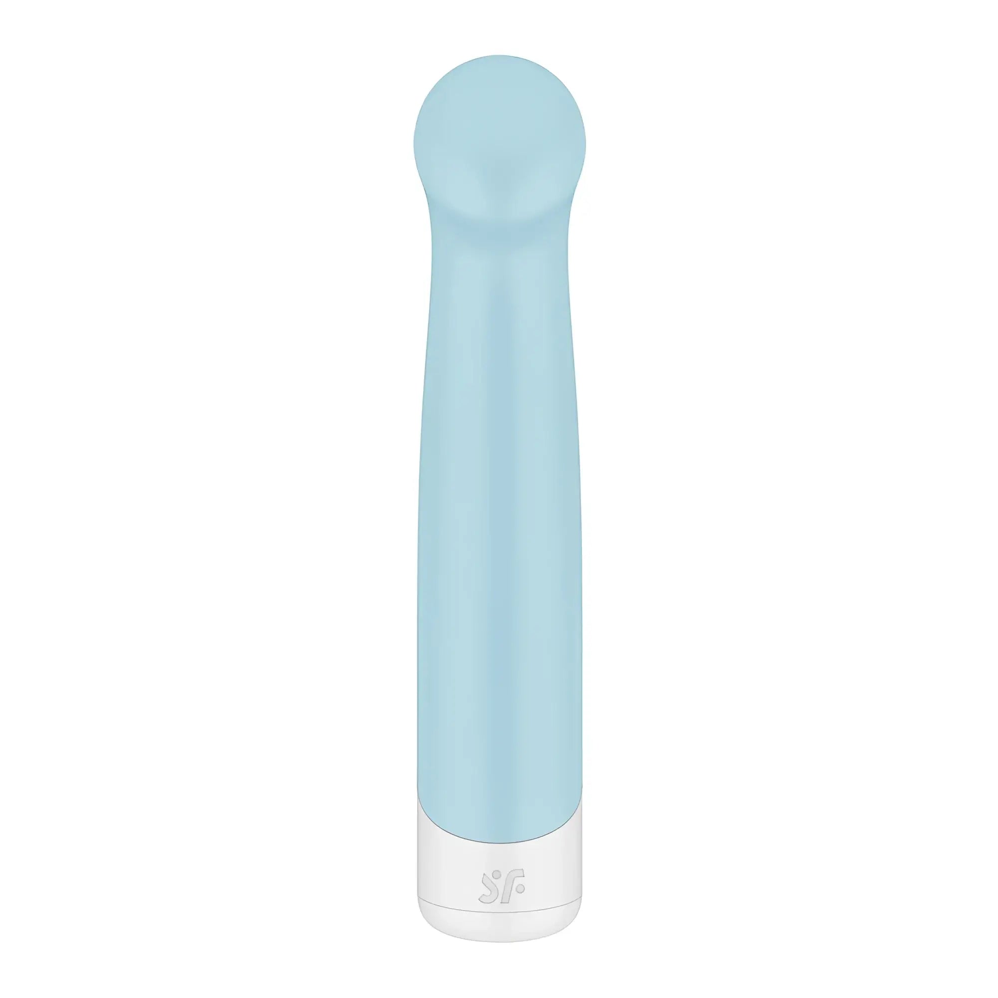 A sleek light blue silicone vibrator with rounded head and white base featuring sf logo by Satisfyer Playful Four