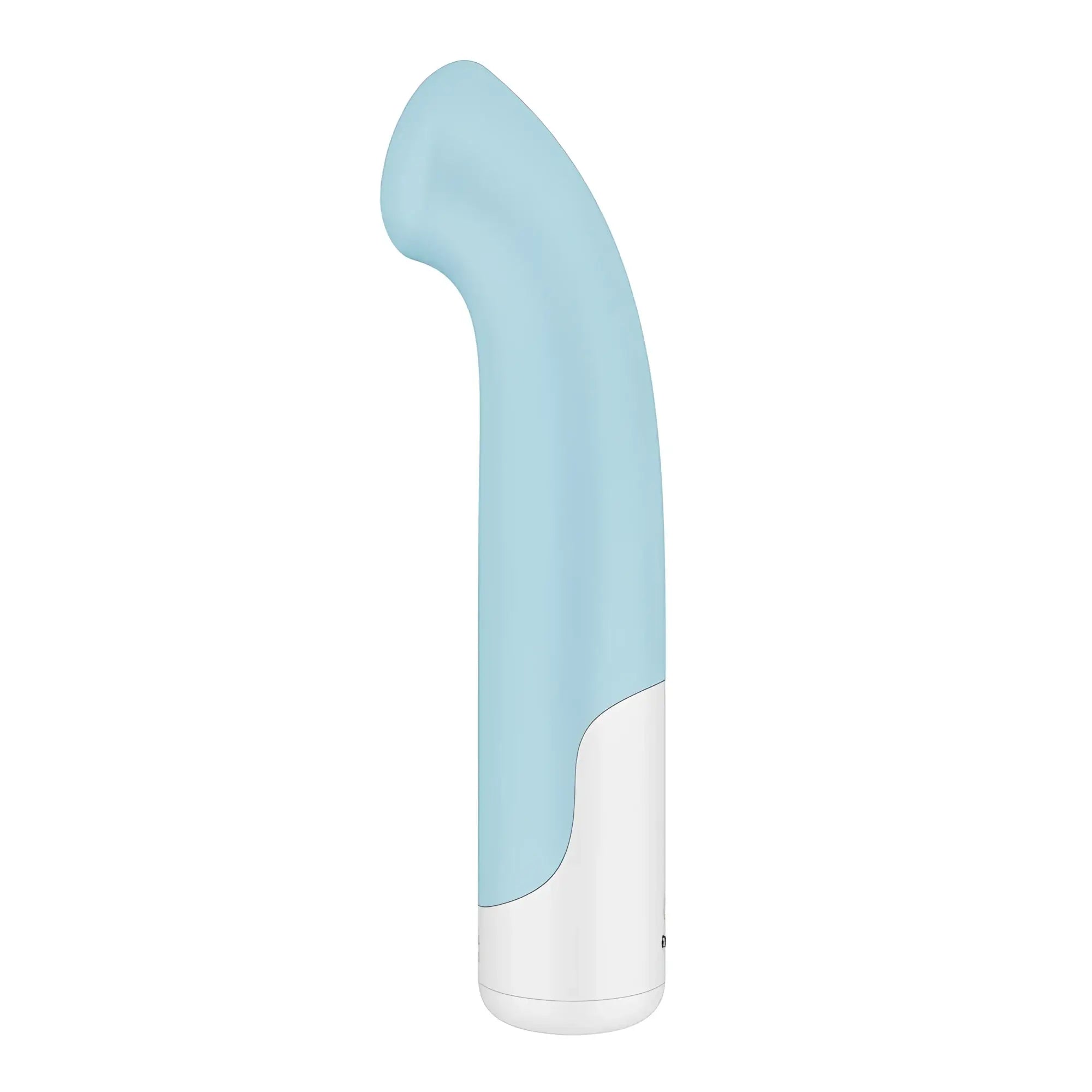 A sleek light blue and white curved Satisfyer Playful Four vibrator with smooth silicone finish for pleasure use