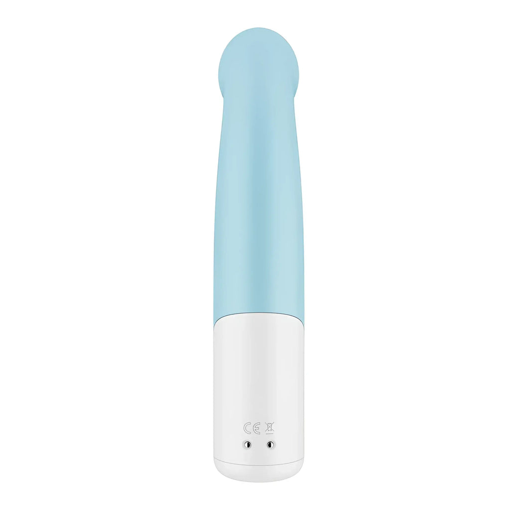 Satisfyer playful four light blue and white silicone vibrato wand with a sleek rounded design for personal use