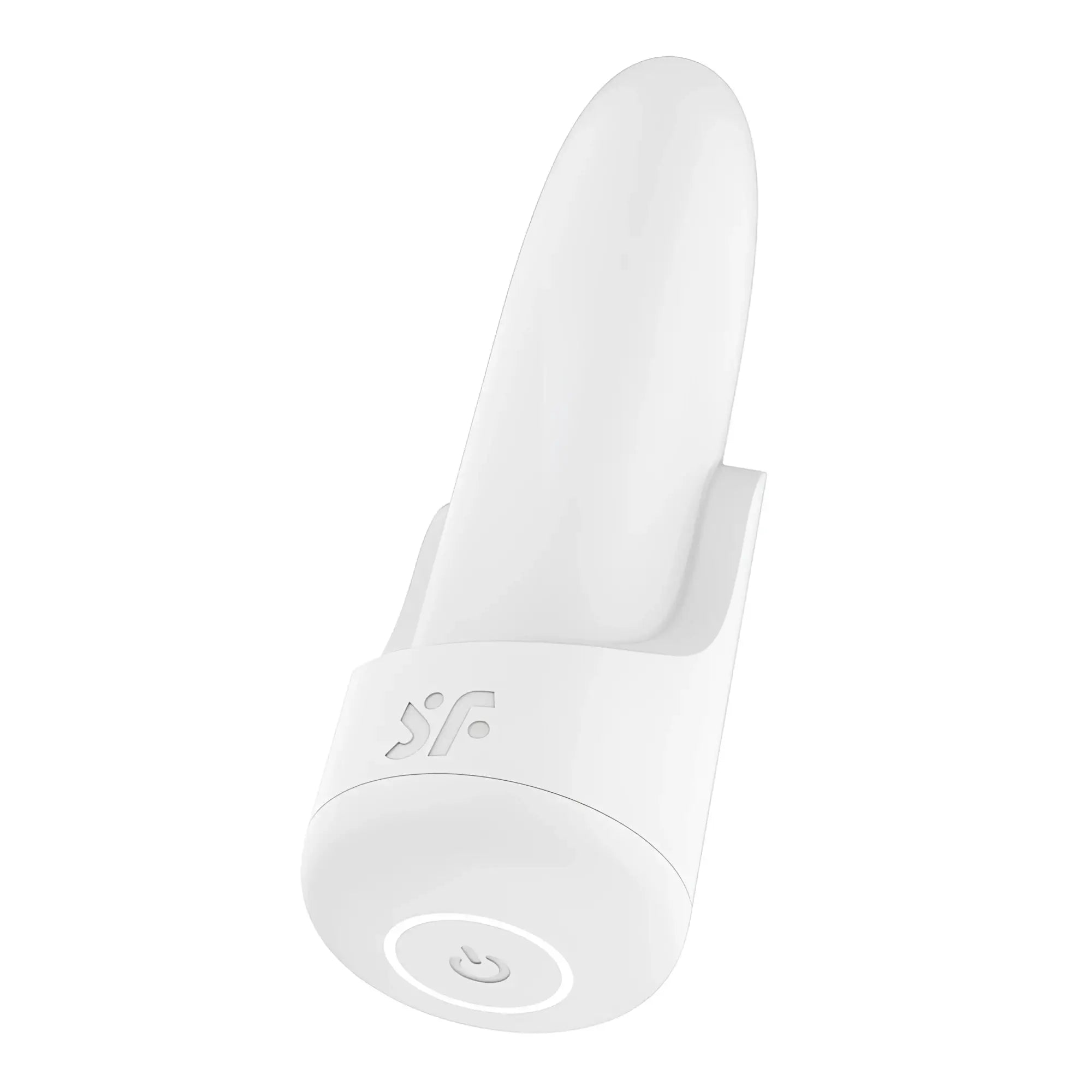 White silicone vibratory device with sleek ergonomic design and minimalist branding from Satisfyer Playful Four product line