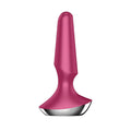 Satisfyer plug-ilicious 2 berry pink silicone anal plug with metallic silver base shown from the back side