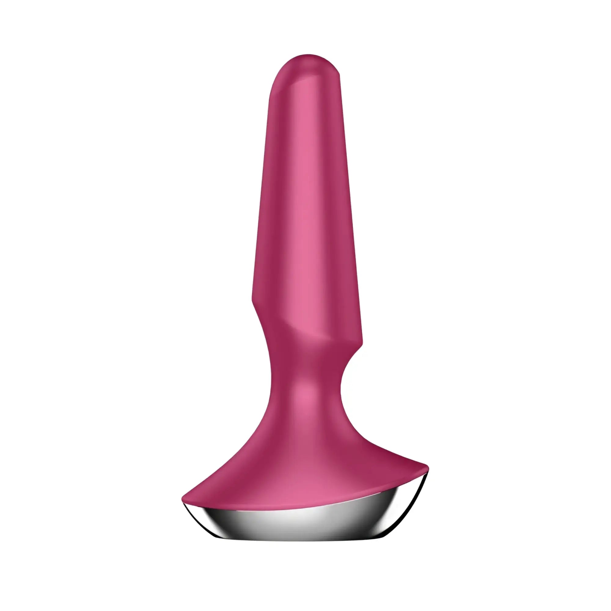 Satisfyer plug-ilicious 2 berry pink silicone anal plug with metallic silver base shown from the back side