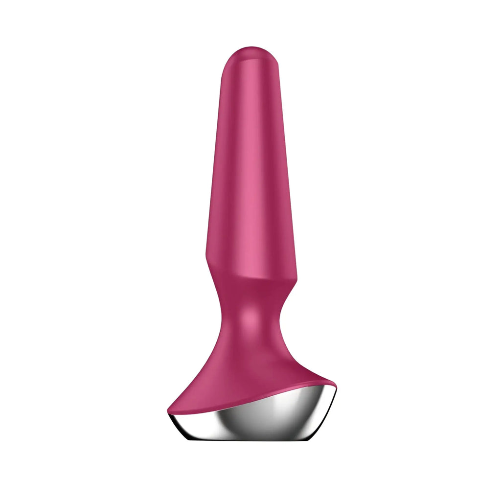 Pink silicone anal plug by satisfyer with sleek tapered design and polished silver metallic base for comfortable use