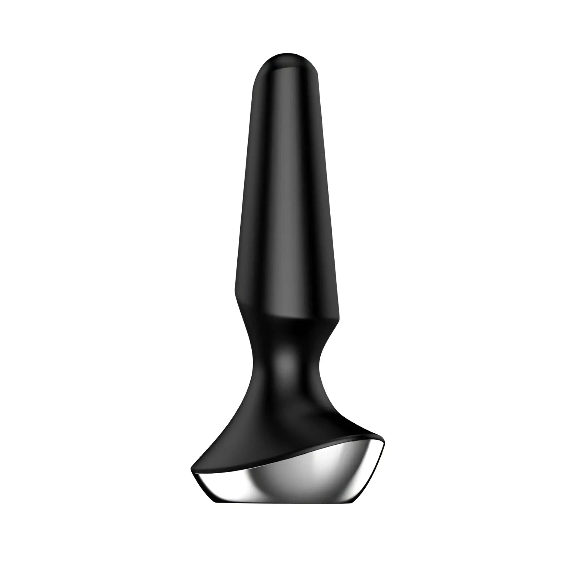 Black silicone anal plug with sleek tapered design and polished silver metallic tip from satisfyer plug-ilicious 2 black