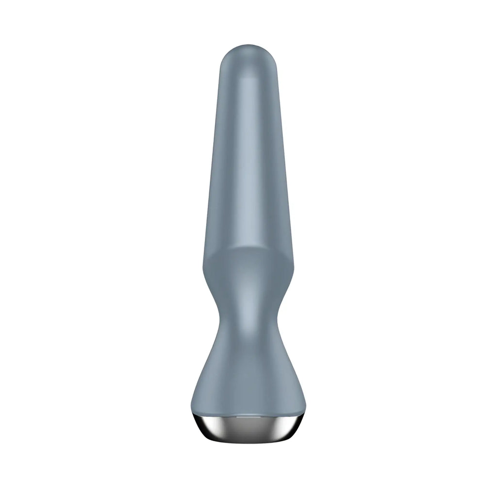 Gray metallic satisfyer plug-ilicious 2 ice blue facial device with sleek tapered design and polished silver tip