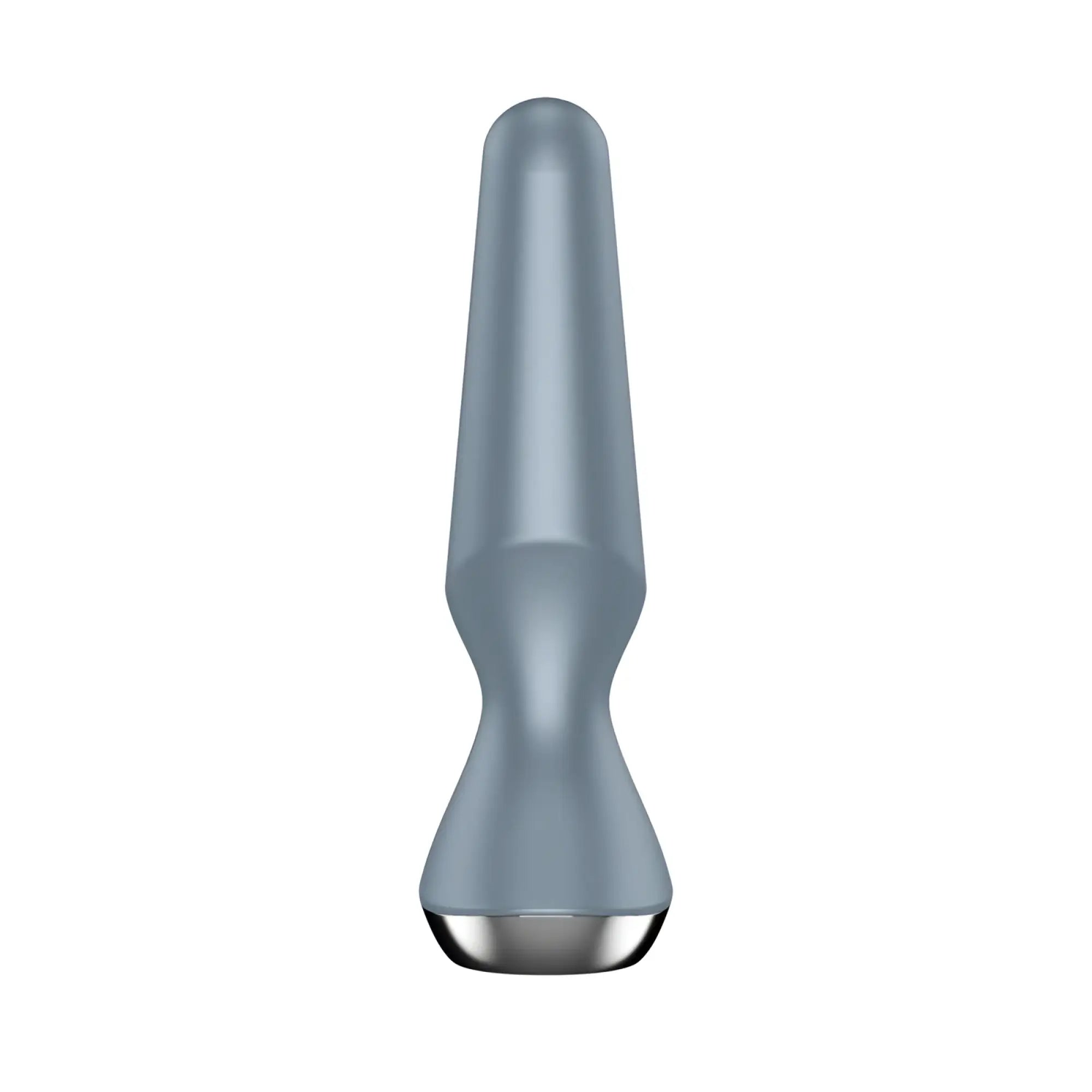 Gray metallic satisfyer plug-ilicious 2 ice blue facial device with sleek tapered design and polished silver tip