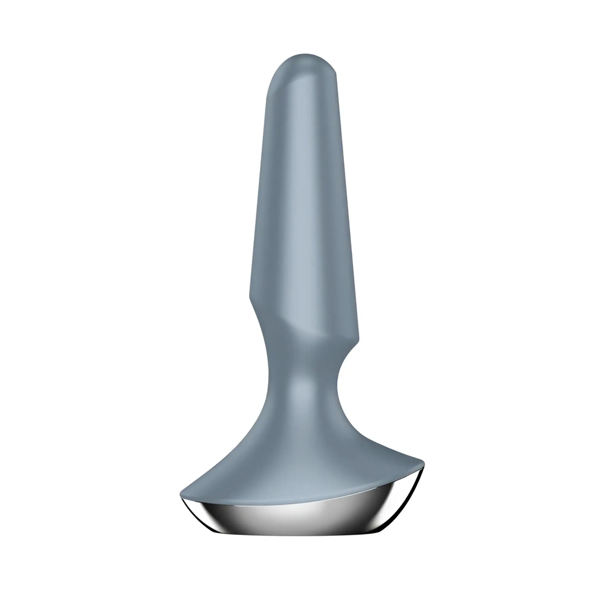 Satisfyer plug-ilicious 2 ice blue gray silicone anal plug with sleek tapered design and polished metallic base