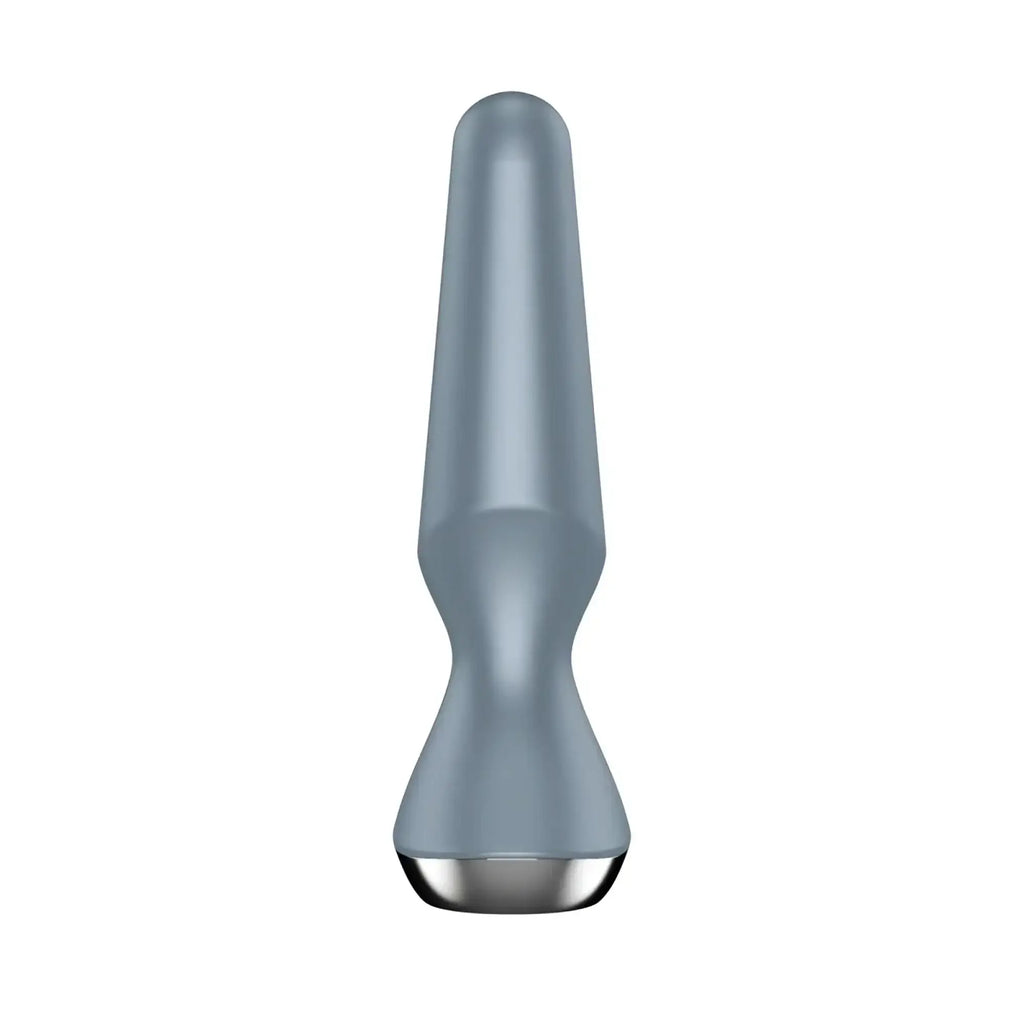 Gray metallic satisfyer plug-ilicious 2 ice blue facial device with sleek tapered design and polished silver tip