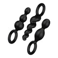 Set of three black silicone anal beads with varying designs and ring attachments by Satisfyer Plugs Booty Call