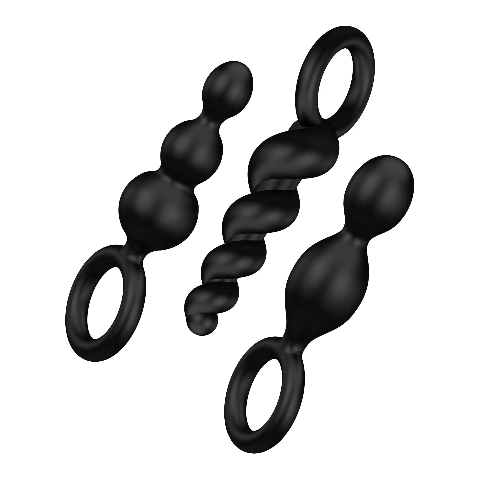 Set of three black silicone anal beads with varying designs and ring attachments by Satisfyer Plugs Booty Call