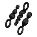 Set of three black silicone anal beads with varying designs and ring attachments by Satisfyer Plugs Booty Call
