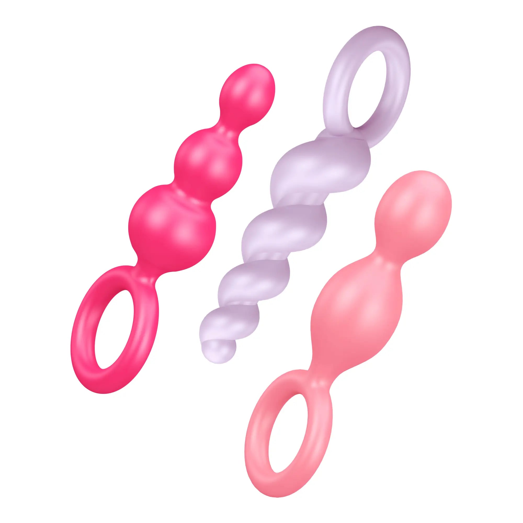 Satisfyer plugs booty call 3 pc silicone anal beads in pink light purple and peach with rings for easy removal