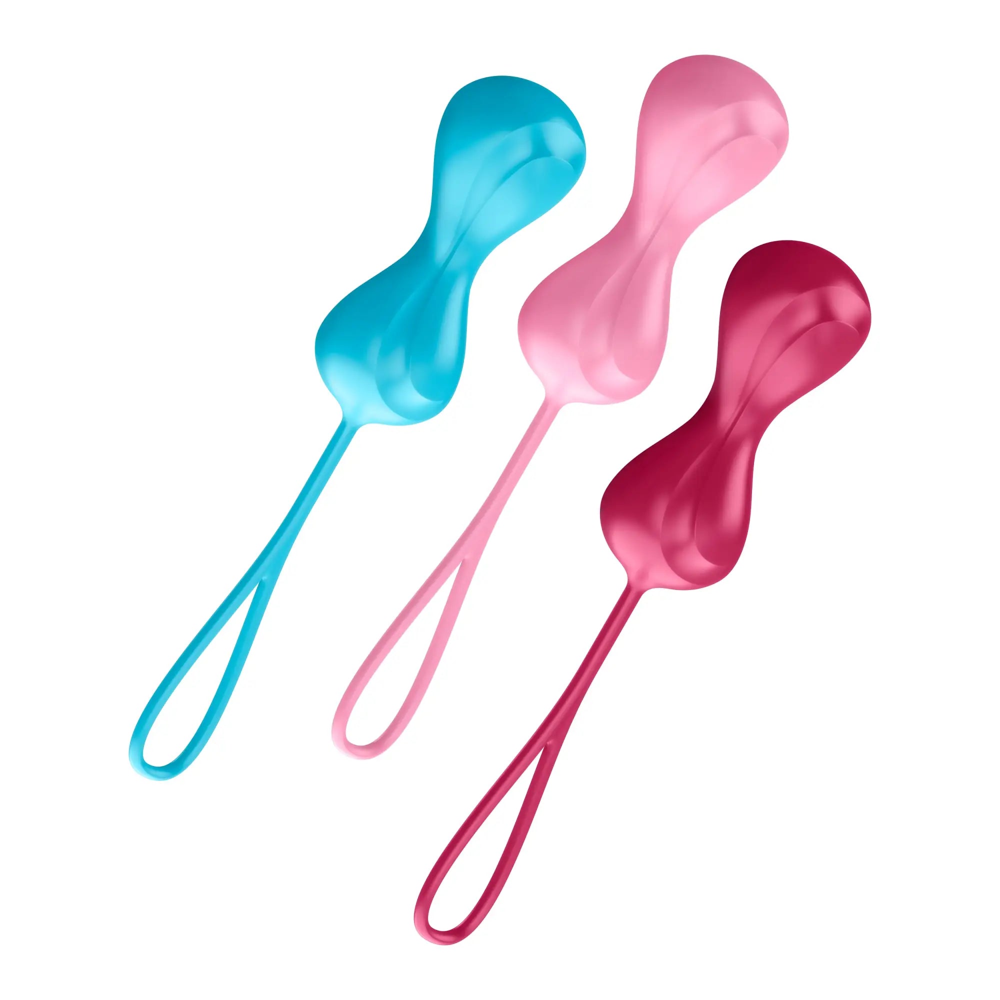 Three colorful silicone egg-shaped weights with looped handles in teal pink and magenta from satisfyer power balls 3 pc