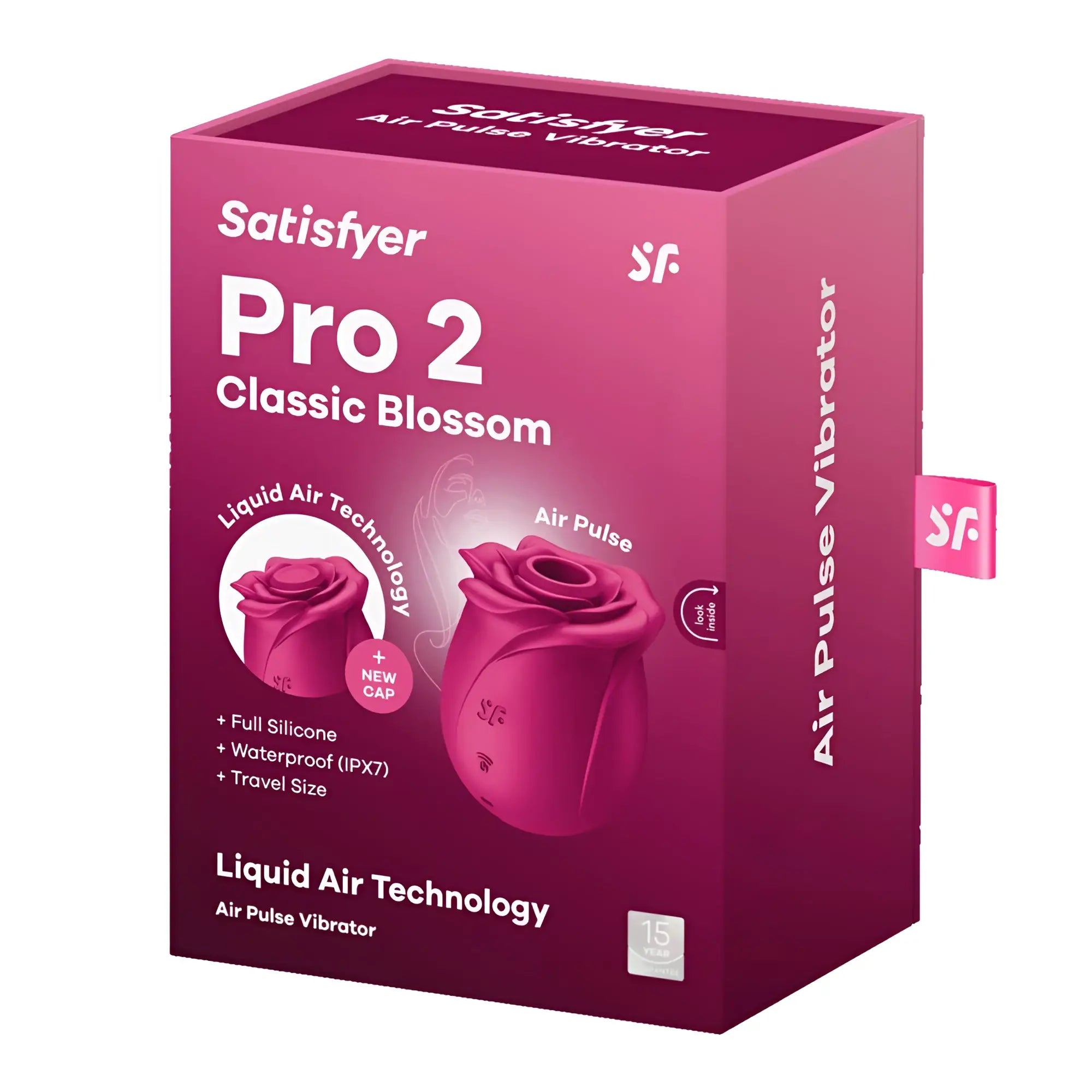 Pink satisfyer pro 2 classic blossom air wave clitoral stimulator in full silicone with waterproof ipx7 travel size design