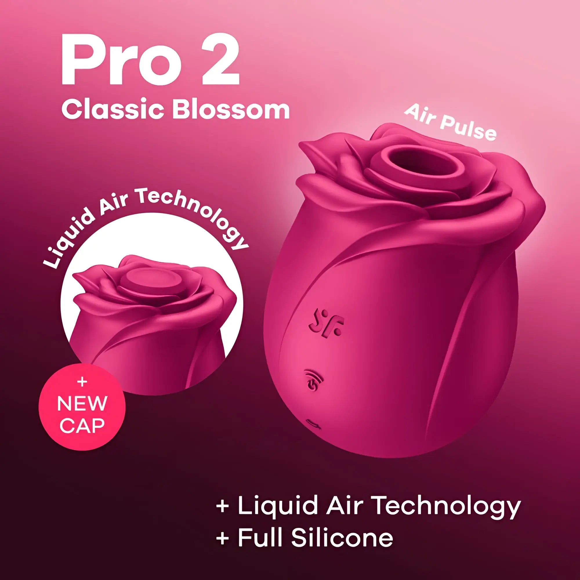 Pink silicone rose-shaped satisfyer pro 2 classic blossom air wave clitoral stimulator with embossed brand logo
