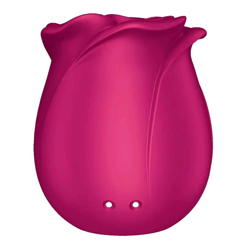 A sleek fuchsia rose-shaped silicone vibrator with glossy petals and indentations from satisfyer pro 2 classic blossom