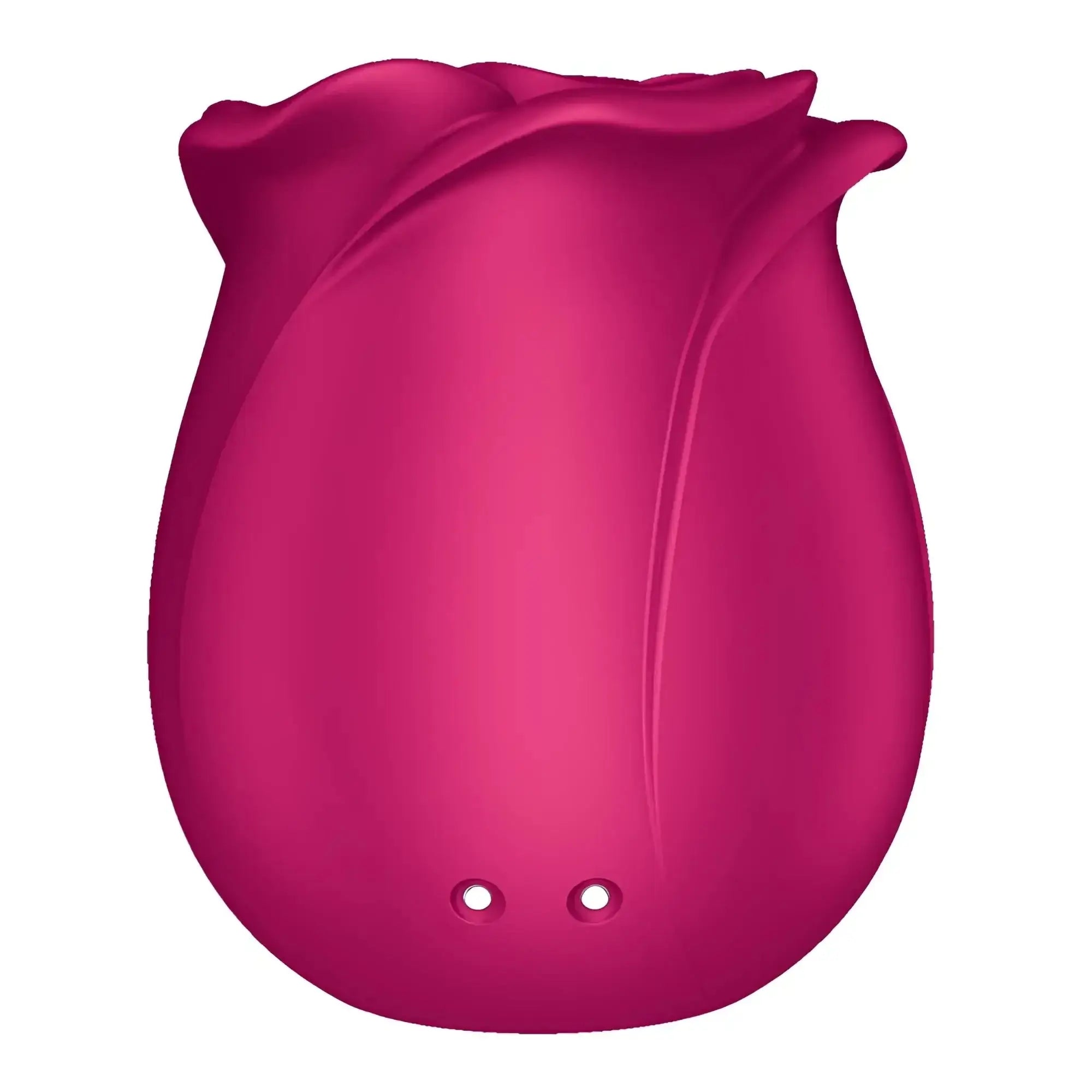 A sleek fuchsia rose-shaped silicone vibrator with glossy petals and indentations from satisfyer pro 2 classic blossom