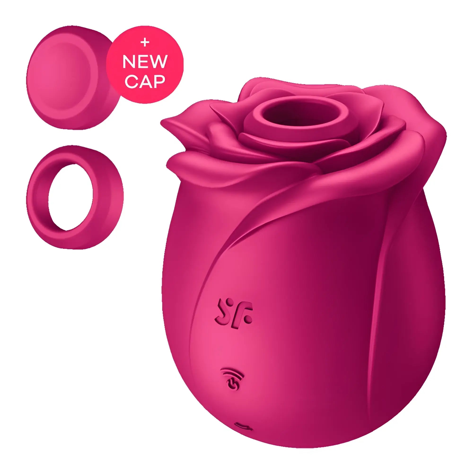 Vibrant fuchsia rose-shaped silicone vibrator with glossy finish and subtle branding from satisfyer pro 2 classic blossom