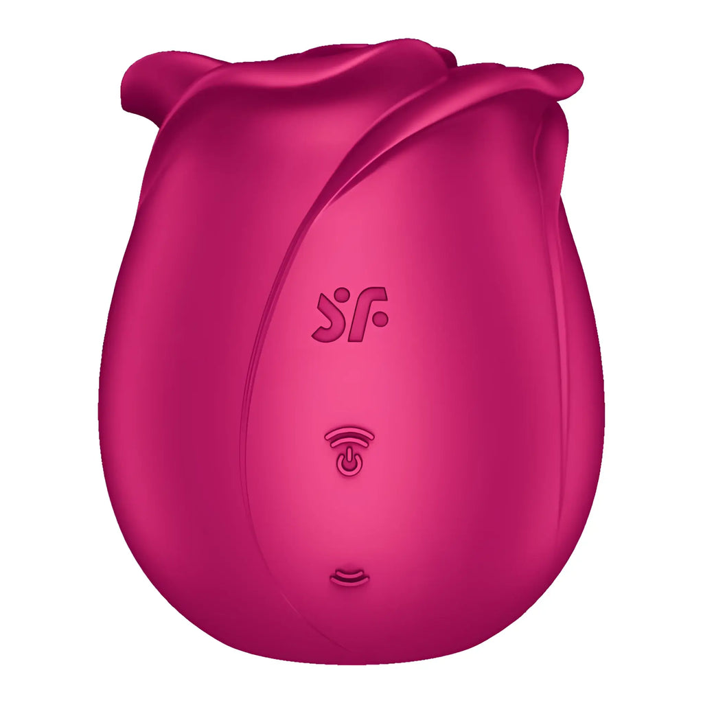 Vibrant fuchsia silicone rose-shaped satisfyer pro 2 classic blossom air wave clitoral stimulator with embossed sf logo