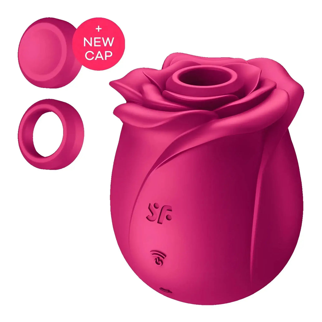 Vibrant fuchsia rose-shaped silicone vibrator with glossy finish and subtle branding from satisfyer pro 2 classic blossom