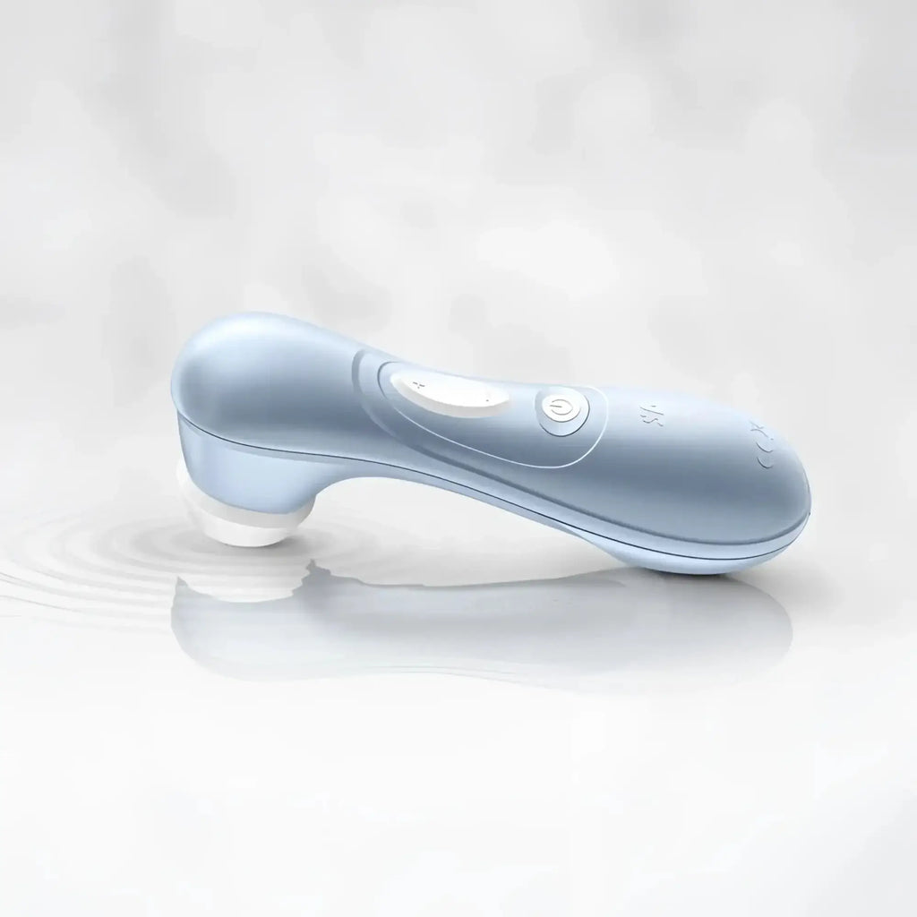 Satisfyer Pro 2 G2 air pulse clitoral stimulator in sleek light blue silicone with ergonomic design and white control buttons