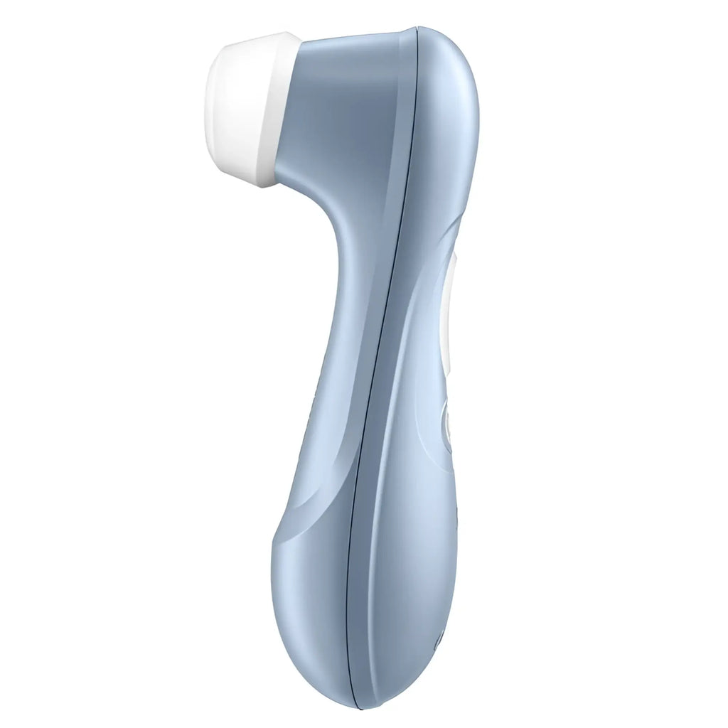 Light blue and white satisfyer pro 2 g2 air pulse clitoral stimulator with smooth ergonomic handheld design