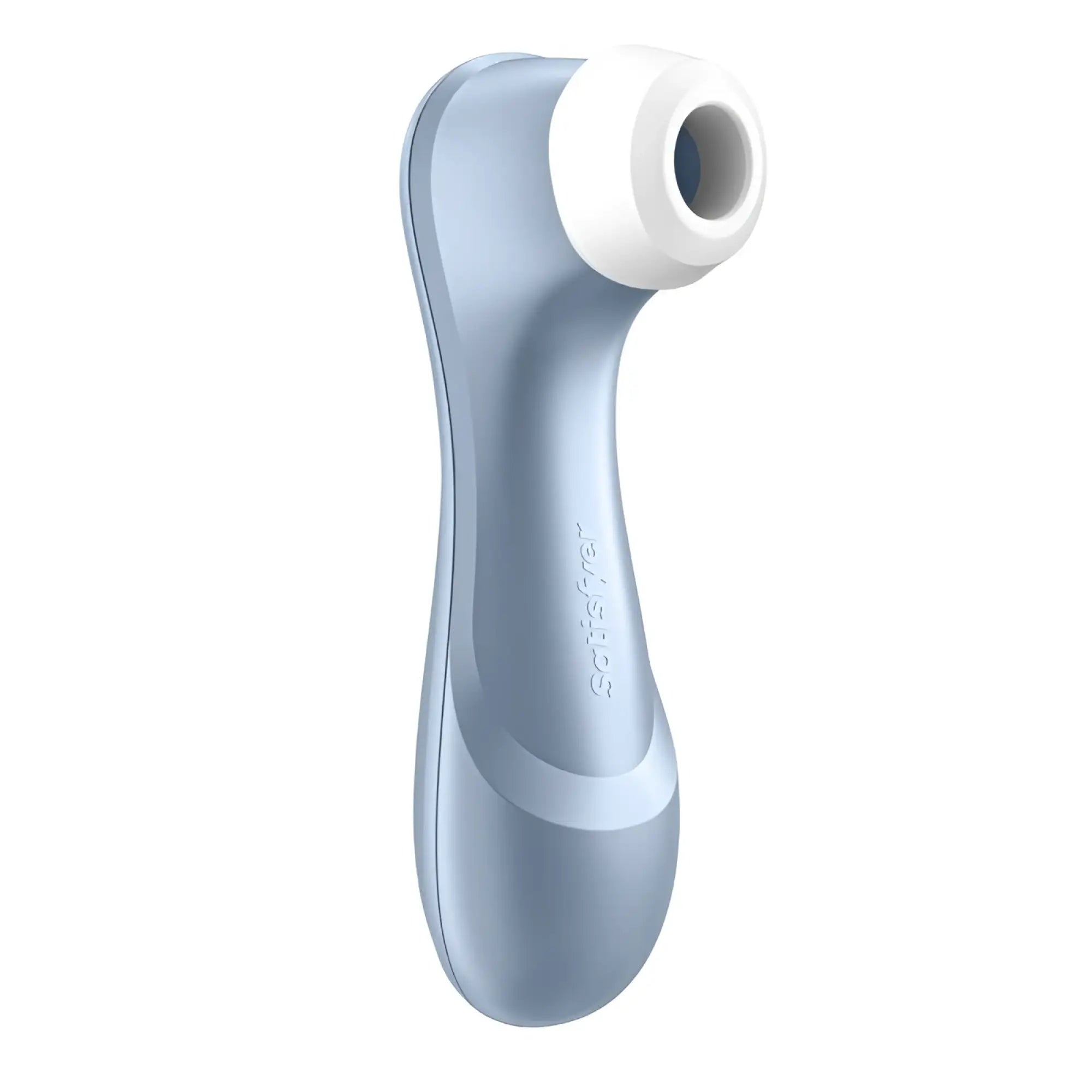 A sleek light blue satisfyer pro 2 g2 air pulse clitoral stimulator with a smooth ergonomic design and white silicone head