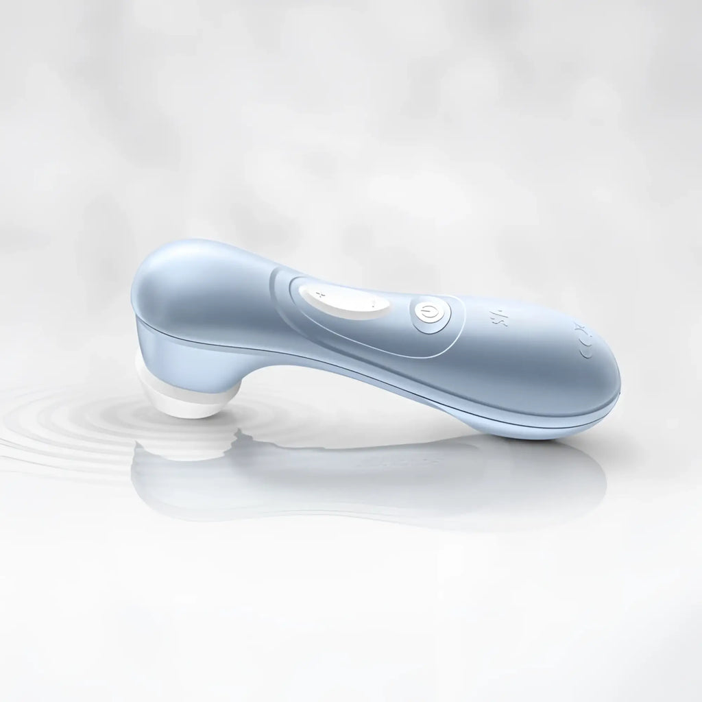 Satisfyer Pro 2 G2 air pulse clitoral stimulator in sleek light blue silicone with ergonomic design and white control buttons