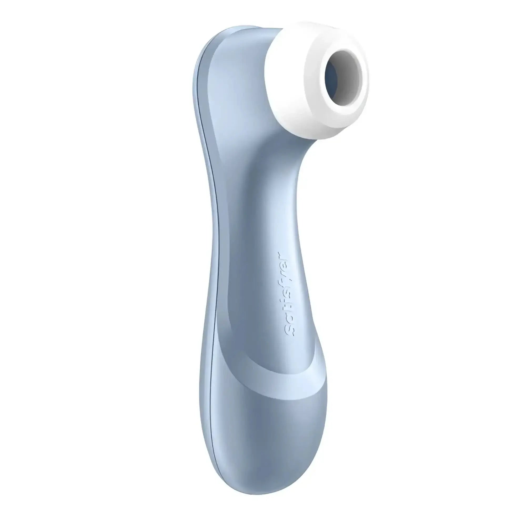 A sleek light blue satisfyer pro 2 g2 air pulse clitoral stimulator with a smooth ergonomic design and white silicone head