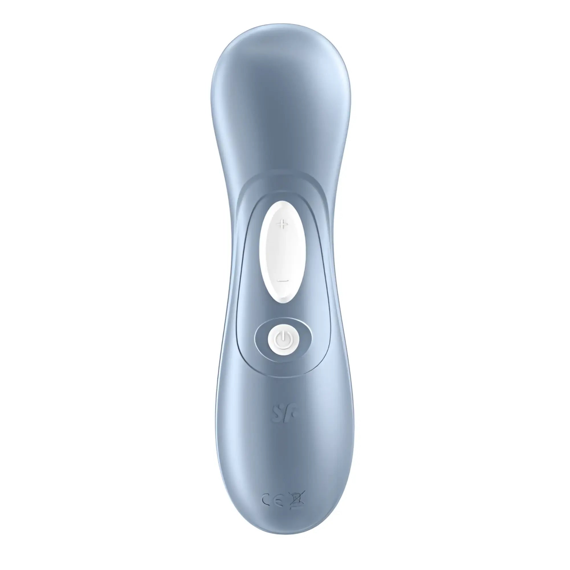Satisfyer pro 2 g2 air pulse clitoral stimulator remote control in matte light blue silicone with white power button and volume dial