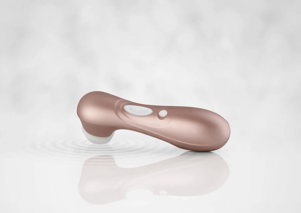 Rose gold satisfyer pro 2 g2 air pulse clitoral stimulator with smooth ergonomic design and white control buttons